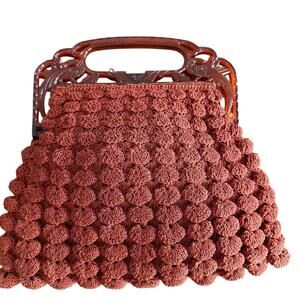 Crocheted Vintage Purse Handbag Circa 1940s Tortoise Shell Plastic Handles